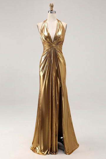 Gouden Halter Metallic Ruched Lange Formele Jurk met Split
